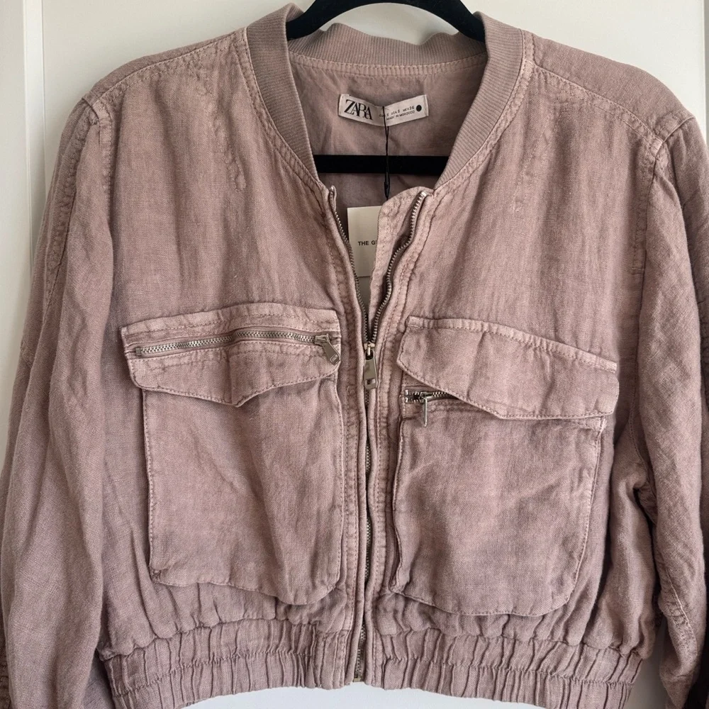 NWT Zara Greta Linen Bomber Jacket - size small - mauve/light pink - Picture 11 of 14